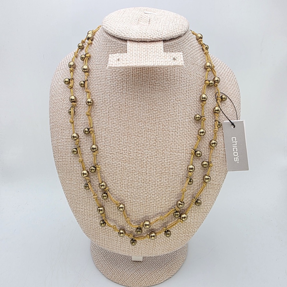 New! CHICO'S Besar Long Necklace Brass Bead Gold Cord Hand Tied 40" New‎ W Tags - Picture 6 of 7